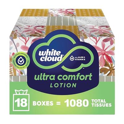 White Cloud Ultra Comfort Lotion 3-Ply Facial Tissue with Aloe & Vitamin E, 18 Box Multipack, 60 Tissues Per Box