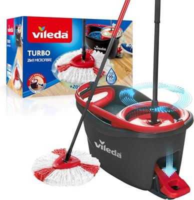 Vileda Turbo 2in1 Spin Mop & Bucket Set with Foot Pedal | Telescopic Handle (Up to 123cm) & 2in1 Microfibre Mop Head | Deep Cleaning, Removes 99% of D