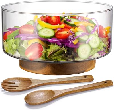 NiHome Large Glass Salad Bowl & Serving Bowl, 3600ML with Acacia Wood Base & Servers, Enhanced Stability for Family Dinners Parties Gatherings, Clear