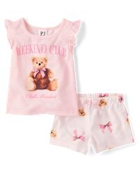 Baby And Toddler Girls Short Sleeve Teddy Bear Bow Pajamas - PINK | The Childrens Place