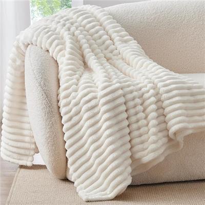 Amazon.com: BEDELITE Fleece Throw Blanket for Couch - 300GSM Soft & Warm Fluffy Cream White Blanket, Decorative and Giftable Striped Blankets for Wome