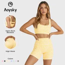 Aoysky Womens 2-Piece Gingham Gym Matching Set - Padded Open Back Crop Tank Top & High Waist Seamless Sports Shorts, Stretchy Athleisure Suit for Yog