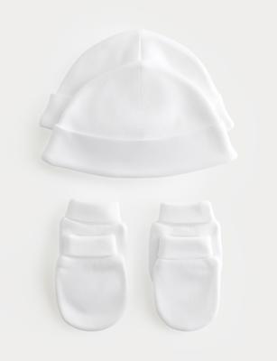 4 Pack Pure Cotton Hat & Mittens Set (5lbs-6 Mths) | M&S