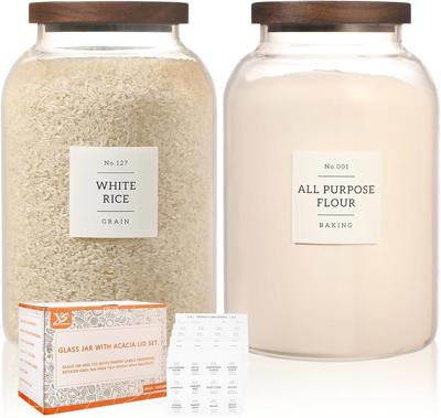 Amazon.com: 2 Pack Large Glass Flour and Sugar Storage Containers with Airtight Acacia Wood Lids and 132 Kitchen Pantey Labels Preprint - 1 Gallon Bor