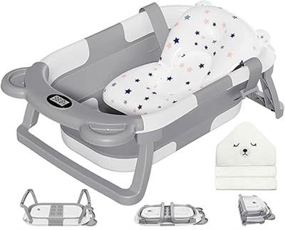 Amazon.com: MoreFeel Collapsible Baby Bathtub for Newborn with Thermometer & 1 Hooded Towel & 1 Soft Floating Cushion,Portable Travel Bathtub with Dra