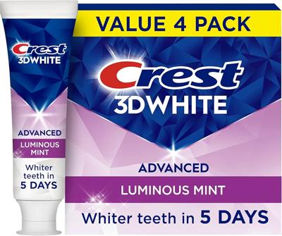 Amazon.com : Crest 3D White Advanced, Teeth Whitening Toothpaste for Adults, 3.7 oz, 4 Pack, Cavity Protection Fluoride Toothpaste, Strengthens Enamel
