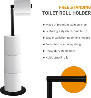 Crystals Toilet Roll Holder Free Standing - 2 in 1 Stainless Steel Toilet Paper Holder, Up to 5 Toilet Roll Storage - No Drill Toilet Roll Stand, Blac