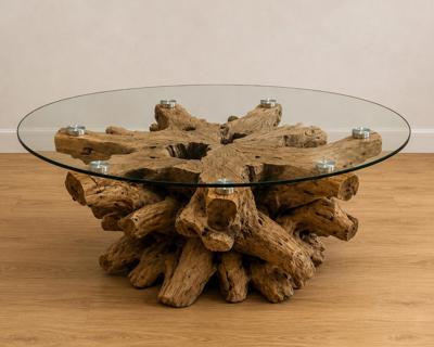 Organic Tree Root Glass Coffee Table, Round Tempered Glass Table, Rustic Natural Wood Coffee Table, Unique Living Room Furniture - Etsy