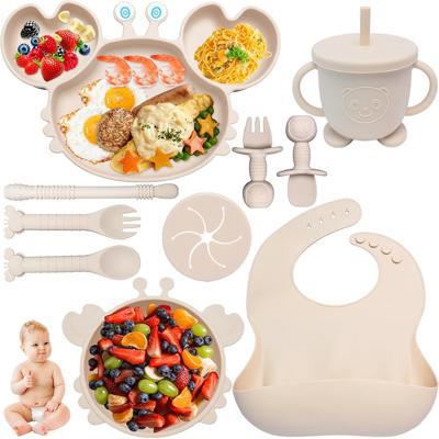 Kinyoda 10 Pieces Baby Weaning Set Silicone Feeding Set Weaning Feeding Supplies for Toddlers with Suction Cup, Silicone Baby Bib, Spoon, Fork & Sippy