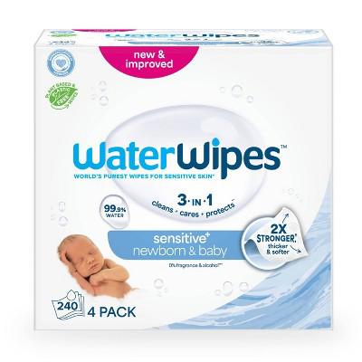 WaterWipes Sensitive+ Newborn & Baby Wipes, 3-In-1 Cleans, Cares, Protects, 99.9% Water, Unscented & Hypoallergenic - 240ct: Latex-Free, Vegan : Targe