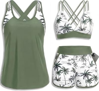 Amazon.com: Daci Green Palm Tree Women 3 Piece Tankini Swimsuits - Tummy Control Tank Top with Bra Modest Bathing Suit with Pockets Boyshorts Bottom 2