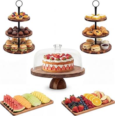 Amazon.com | 5 Pcs Wooden Dessert Table Display Set,Acacia Wood Cake Stand with Dome Lid,2 Pcs 3-Tier Dessert Display Stands and 2 Serving Trays Hosti