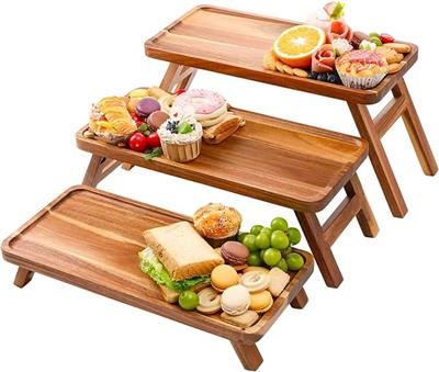 Amazon.com | Tiered Serving Tray 17 Inch Acacia Wooden Cupcake Stand & Platters 3 Tiered Tray Foldable Dessert Table Display Set Decor for Party Charc