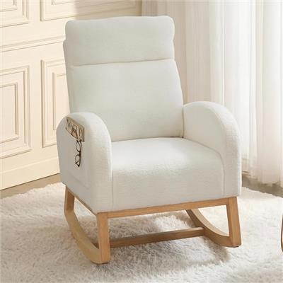 DEKKETO Teddy Nursing Rocking Chairs for Adults, Nursery Rocking Chair for Mum, High Backrest Boucle Armchairs with Wood Base and Side Pocket, Comfy G