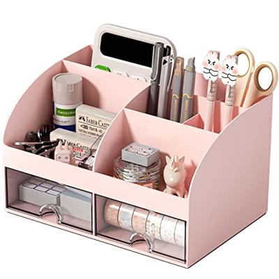 COMFYROOM Desk Organizer with 6 Compartments and 2 Drawers, Plastic Makeup Organizer, Pen Holder for Desktop Storage, Desk Organization for School, Ho