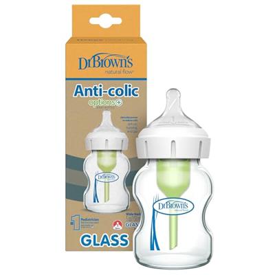 Dr. Browns Natural Flow Anti-Colic Options+ Wide-Neck Glass Baby Bottle 5 oz/150 mL, with Level 1 Slow Flow Nipple, 1 Pack, 0m+