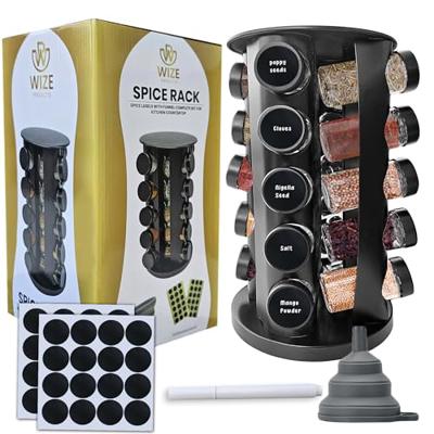 Wize Products - Black Countertop Rotating Spice Rack, 20 Empty-Jars Revolving Organiser 360°, Free Standing Round Carousel Tower, Spice Labels with Fu