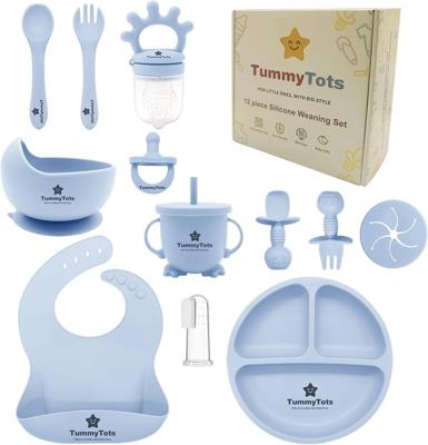 TummyTots 12Pcs Blue Baby Weaning Set - Feeding Set w/Baby Bowls for Weaning, Baby Plates with Suction, Baby Cutlery, Baby Spoons, Weaning Spoons, Tod