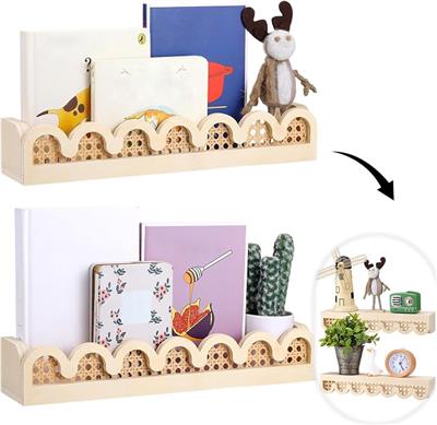 Amazon.com: Pinkunn 2 Pcs Floating Shelves for Wall, Scalloped Rattan Shelf, Boho Wooden Wall Mounted Bookshelf Storage, Kawaii Room Decor for Nursery