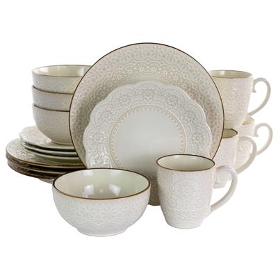 Doily Pattern Stoneware Dinnerware 16 Piece Set in Egg Shell