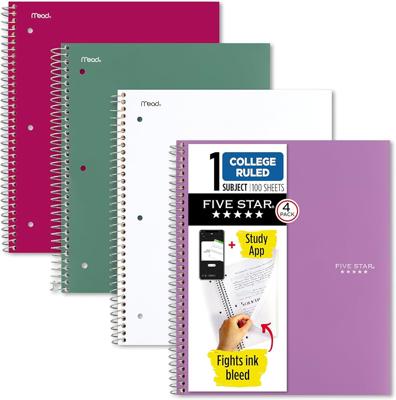 Amazon.com : Five Star Spiral Notebook + Study App, 100 Sheets, 1 Subject, College Ruled Paper, Fights Ink Bleed, Water Resistant Cover, 820337-ECM, P