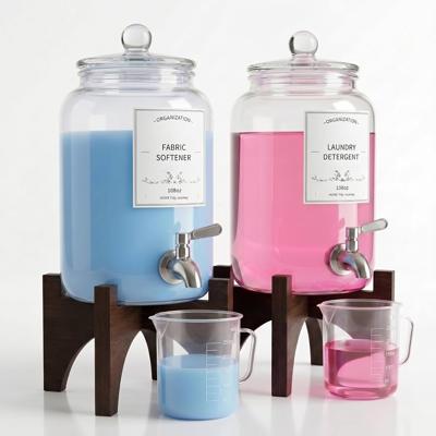 Glass Laundry Detergent Dispenser, 108oz (2 Pack) with Stainless Steel Faucet & Solid Wood Stand - Liquid Soap & Fabric Softener Container for Laundry