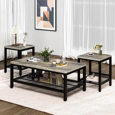 MOOSENG Coffee Table Set of 3, Industrial Vintage Wood Coffee Table with 2 Square End Side Tables, Easy Assembly Living Room Table Set for Offices, Li