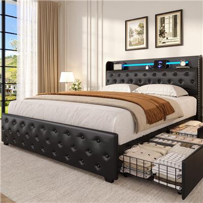 Latitude Run® Upholstered Queen Platform Bed Frame with Charging Station, Led Lights & 4 Storage Drawer, Storage Bed with Upholstered Headboard, Under