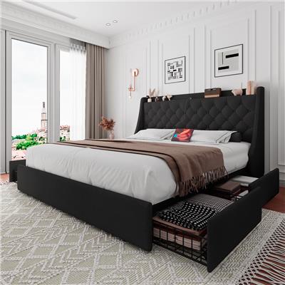 Ivy Bronx Queen Bed Frame With 4 Storage Drawers, Upholstered Platform Bed Frame With Type-c & Usb Ports, Wingback Storage Headboard,black | Wayfair