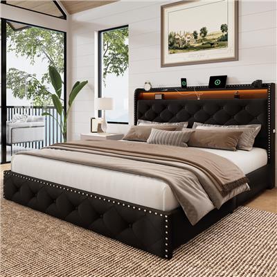 Latitude Run® Bed Frame With 4 Storage Drawers And Charging Station, Velvet Upholstered Platform Bed Frame With Led Headboard, Noise Free, Easy Assemb