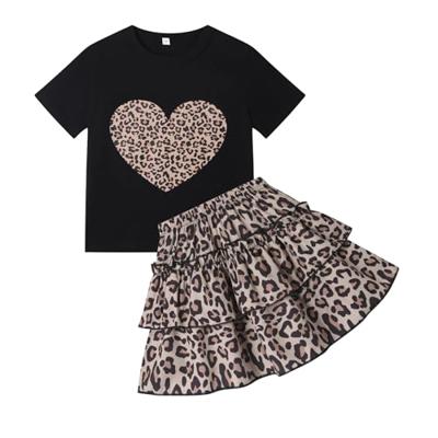 GOTHLETIC Girls Two Piece Skirt Set Heart Print Short Sleeve Shirt Shirred Tiered Cheetah Skirt Outfits Kids Girl Summer Clothes Size 6/1954