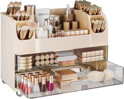 Amazon.com: Delamu Large Makeup Organizer Countertop with 6 Brush Holders, Makeup Organizers for Vanity with 2 Large Drawers, Easy to Store Skincare,