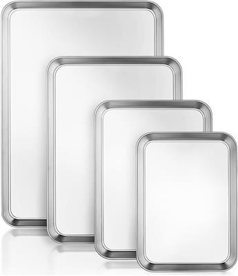 Baking Tray Set of 4, Essentials Stainless Steel Oven Tray Sets, Easy Cleaning Rectangle Sheet Oven Tray for Baking Cooking, Non Toxic, Rust Free, Dis