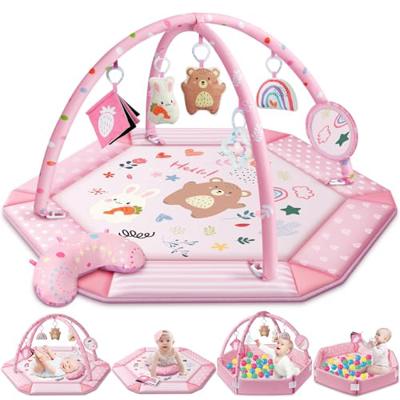 Baby Gym Play Mat, 8-in-1 Tummy Time Mat & Ball Pit with 6 Toys, Washable Baby Activity Mat for Visual, Hearing, Sensory, Motor Development, Babies Gi