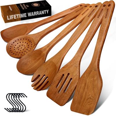 Kikcoin Wooden Cooking Utensil Set, 6 Pcs Acacia Wood Spoons for Cooking, Kitchen Utensils Set for Nonstick Pots, 6 Hooks Included, Heat Resistant - W