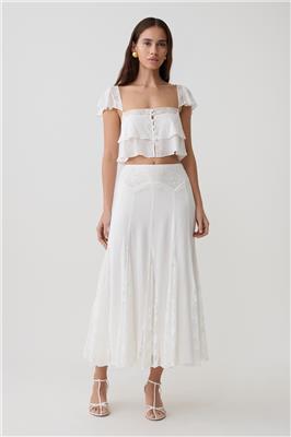 Skylar Lace Panelled Midi Skirt - White | MESHKI
