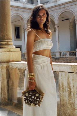 Scottie Shirred Linen Bandeau - Oat Marle | MESHKI