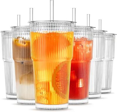 Amazon.com: INSETLAN 6-Piece Glassware Set – 20 oz Ribbed Glass Tumblers with Lids and Glass Straws, Heavy-Duty Tumblers, Ideal for Iced Coffee, Smoot