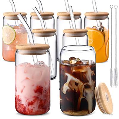 DWTS DANWEITESI Glass Cups with Lids and Straws 8 pcs,16 oz Glass Iced Coffee Cups with Lids-Clear Glass Coffee Cups,Cute Glass Cups for Coffee Bar Ac