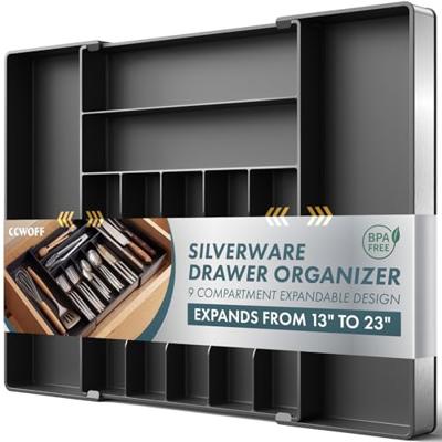 Extra Large Silverware Organizer, 9 Slot Expandable Kitchen Drawer Organizer, Utensil Holder, Heavy Duty Stainless Steel Frame Silverware Drawer Organ