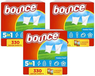 Bounce Dryer Sheets, 330 count, Outdoor Fresh Scent, Fabric Softener Sheets, Reduces Static, Softens and Fights Wrinkles (Pack of 3)