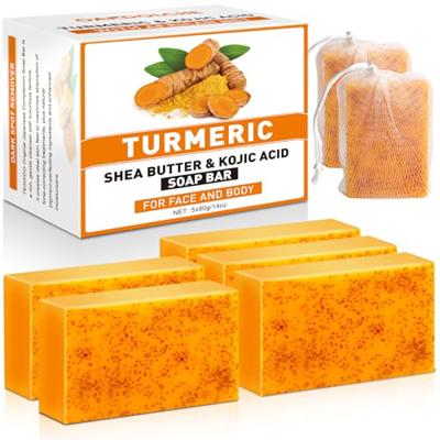 OAKDOLCHE 5 Pack Turmeric Kojic Acid Soap Bars(80g) - Infused with Retinol, Hydrolyzed Collagen, Vitamin E & Shea Butter, Gentle Care for Face, Body &