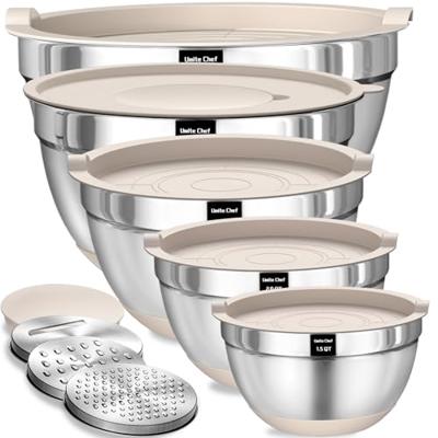 Umite Chef Mixing Bowls with Airtight Lids Set, 8PCS Stainless Steel Nesting Bowls with Grater Attachments, Non-Slip Bottoms, 5, 4, 3.5, 2, 1.5QT for