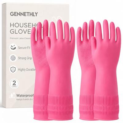 Gennethly Rubber Dishwashing Gloves, 2 Pairs, Reusable Cleaning Dish Gloves for Kitchen, Non-Slip, Waterproof Dish Washing, Long Cuff for Woman (Red,