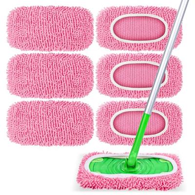 6 Pack Reusable Mop Pads Compatible with Swiffer Sweeper, Chenille Mop Refill Pads, Dry & Wet Mopping Cloths for Floor Cleaning -Pink