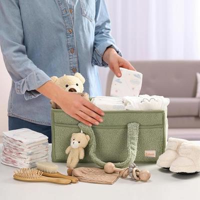 Topika Kids Nappy Caddy, Diaper Organizer with Teddy Bear Toy, Portable Baby Storage Basket for Nursery Changing Table Car Travel, Plush Newborn Essen