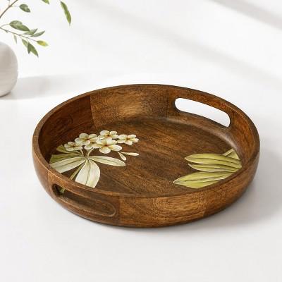 Mela Artisans Frangipani Hand-Painted Round Mango Wood Serving Tray with Handles : Target