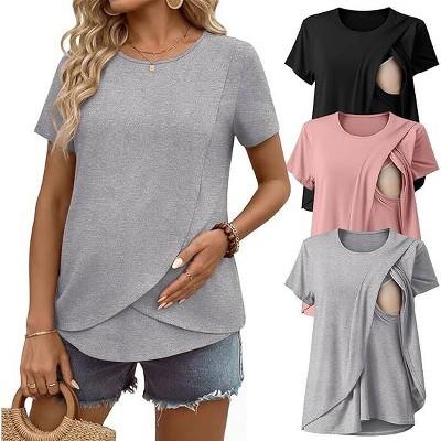 Ekouaer Women Short Sleeve Double Layer Maternity Nursing Shirts Breastfeeding Postpartum Tops Black/Light Gray/Pink L : Target