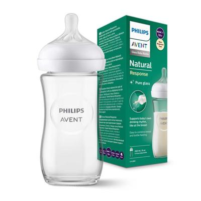Avent natural response glass bottle 240ml flow 3 nipple 1m 056