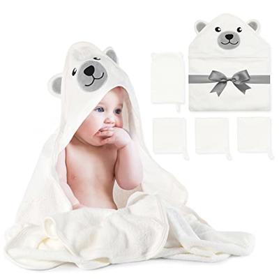 Momcozy Bamboo Baby Bath Towels Set 5 Packs, 1 * Baby Towel, 3 * Baby Washcloths, 1 * Baby Bath Glove, Soft and Super Absorbent Bab